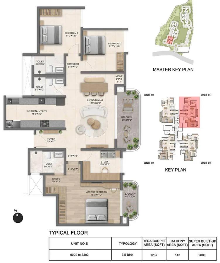 Bricks and Milestones Solcrest 3.5 BHK floor plan, about 2,000 sq ft