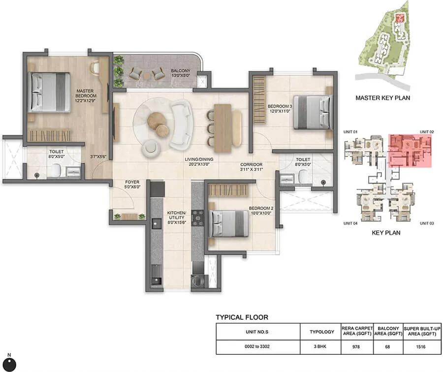 Bricks and Milestones Solcrest 3 BHK floor plan, about 1,516 sq ft