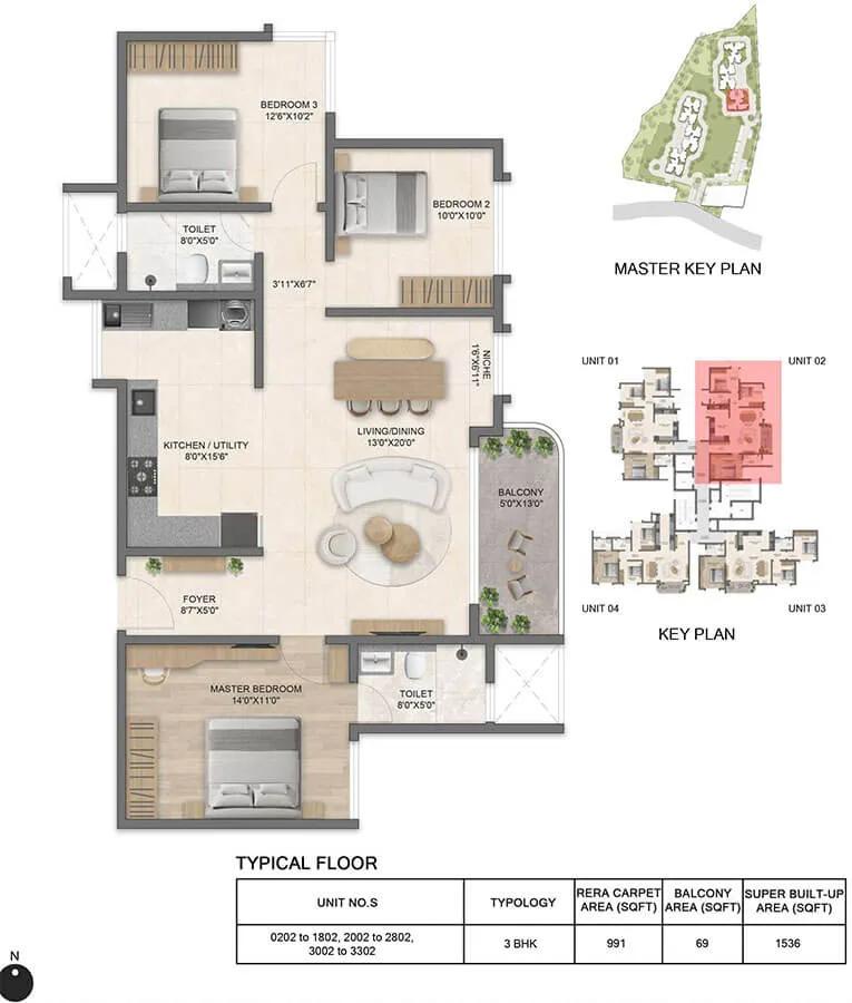 Bricks and Milestones Solcrest 3 BHK floor plan, about 1,536 sq ft