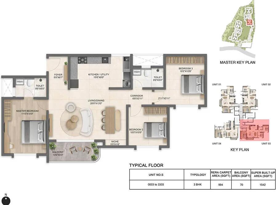 Bricks and Milestones Solcrest 3 BHK floor plan, about 1,542 sq ft