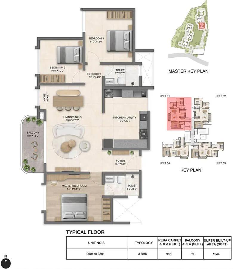 Bricks and Milestones Solcrest 3 BHK floor plan, about 1,544 sq ft