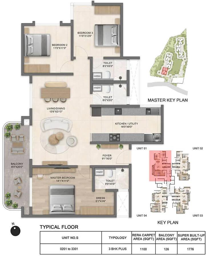 Bricks and Milestones Solcrest 3 BHK floor plan, about 1,776 sq ft