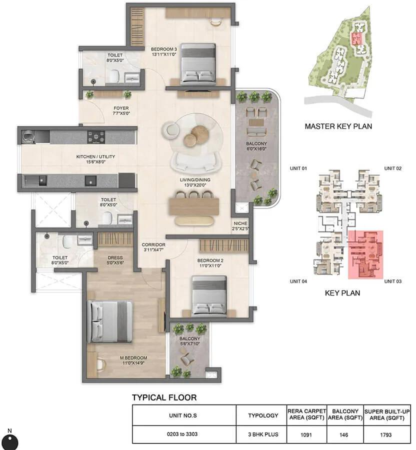 Bricks and Milestones Solcrest 3 BHK floor plan, about 1,793 sq ft