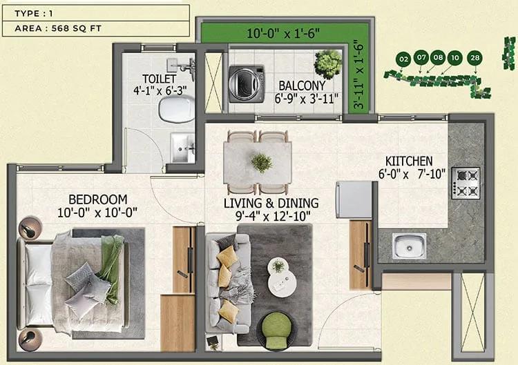 Sowparnika Whispering Petals 1 BHK floor plan, about 568 sq ft