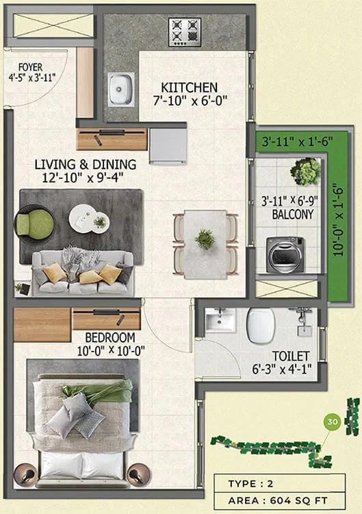Sowparnika Whispering Petals 1 BHK floor plan, about 604 sq ft