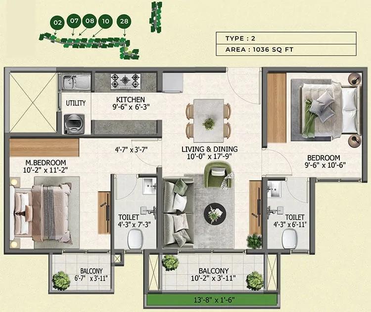 Sowparnika Whispering Petals 2 BHK floor plan, about 1,036 sq ft