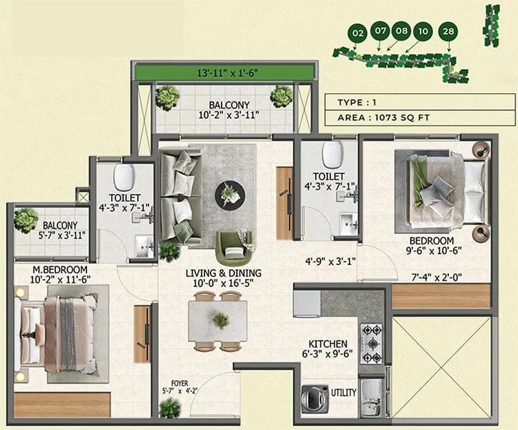 Sowparnika Whispering Petals 2 BHK floor plan, about 1,073 sq ft