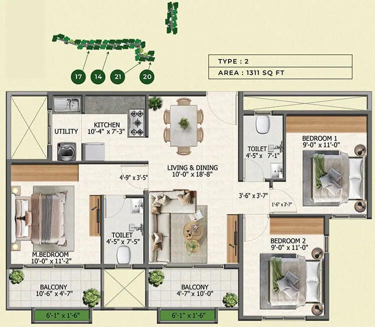 Sowparnika Whispering Petals 3 BHK floor plan, about 1,311 sq ft