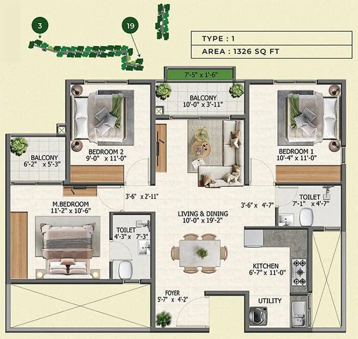 Sowparnika Whispering Petals 3 BHK floor plan, about 1,326 sq ft
