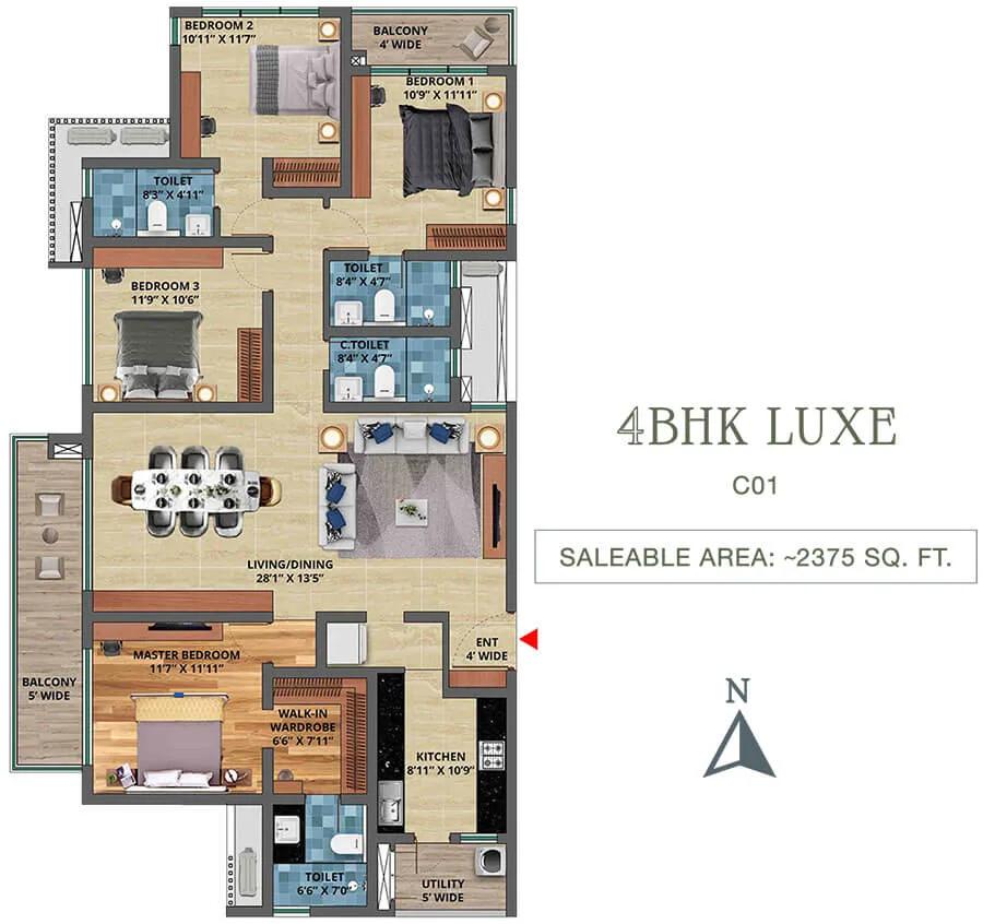 TVS Emerald Isle of Trees 4 BHK floor plan, about 2,375 sq ft