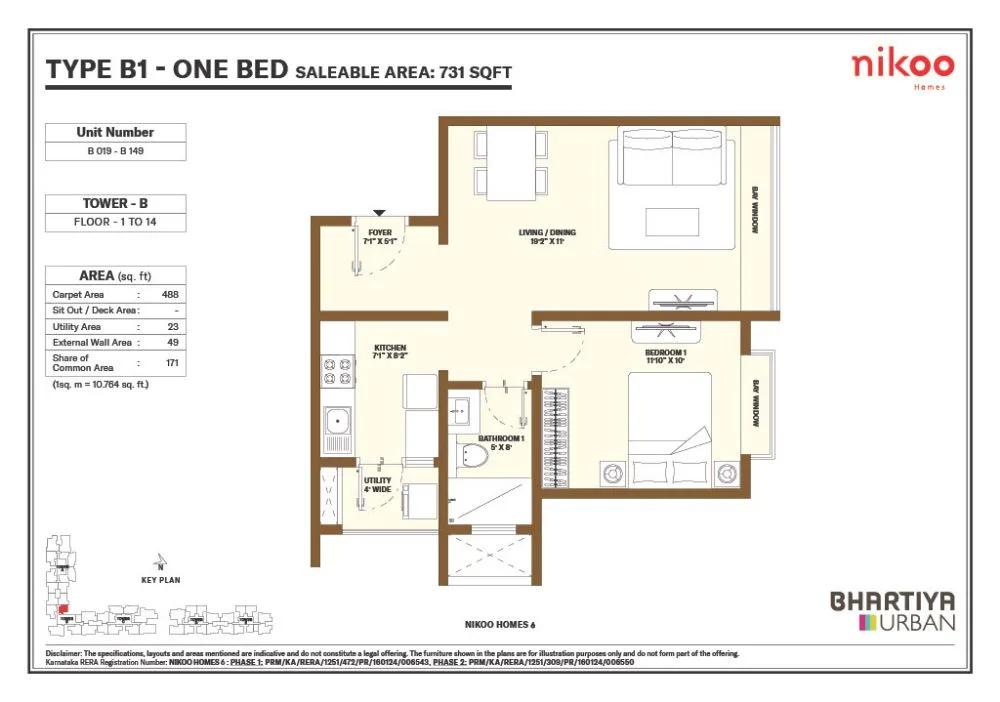 Nikoo Homes 6 1 BHK floor plan, about 731 sq ft