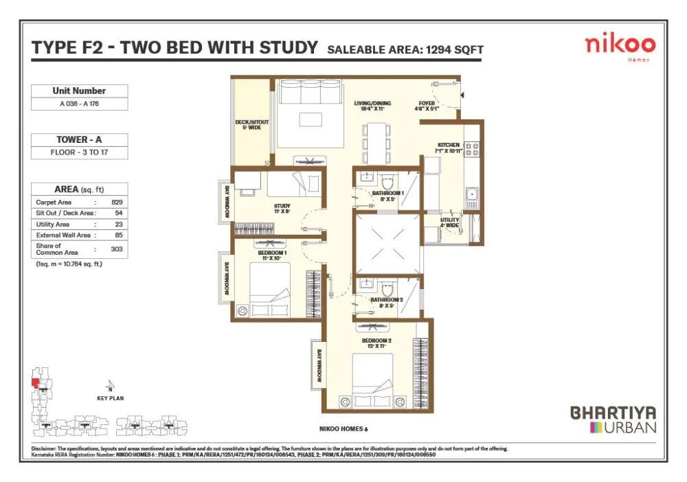 Nikoo Homes 6 2.5 BHK floor plan, about 1,294 sq ft