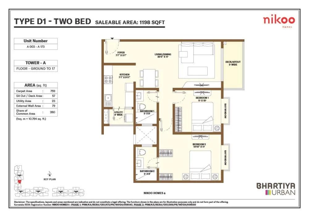 Nikoo Homes 6 2 BHK floor plan, about 1,198 sq ft