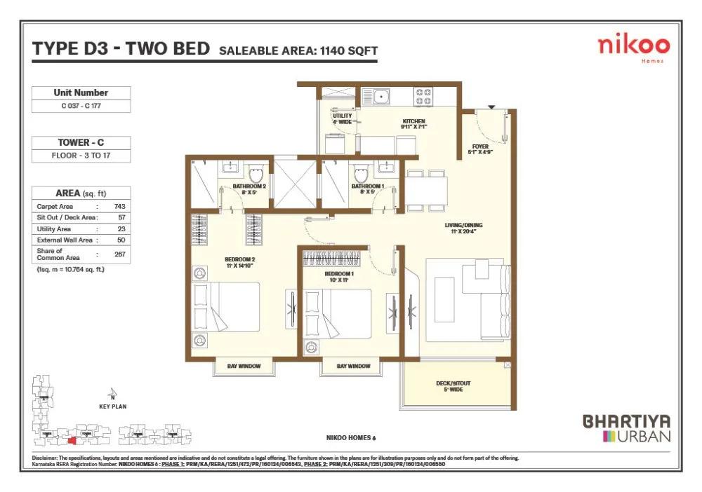 Nikoo Homes 6 2 BHK floor plan, about 1,140 sq ft