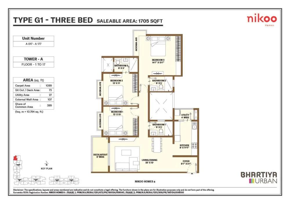 Nikoo Homes 6 3 BHK floor plan, about 1,705 sq ft