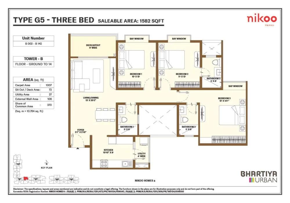 Nikoo Homes 6 3 BHK floor plan, about 1,582 sq ft