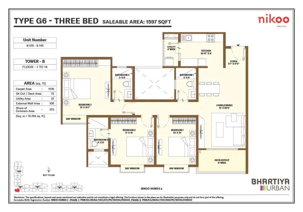 Nikoo Homes 6 3 BHK floor plan, about 1,597 sq ft
