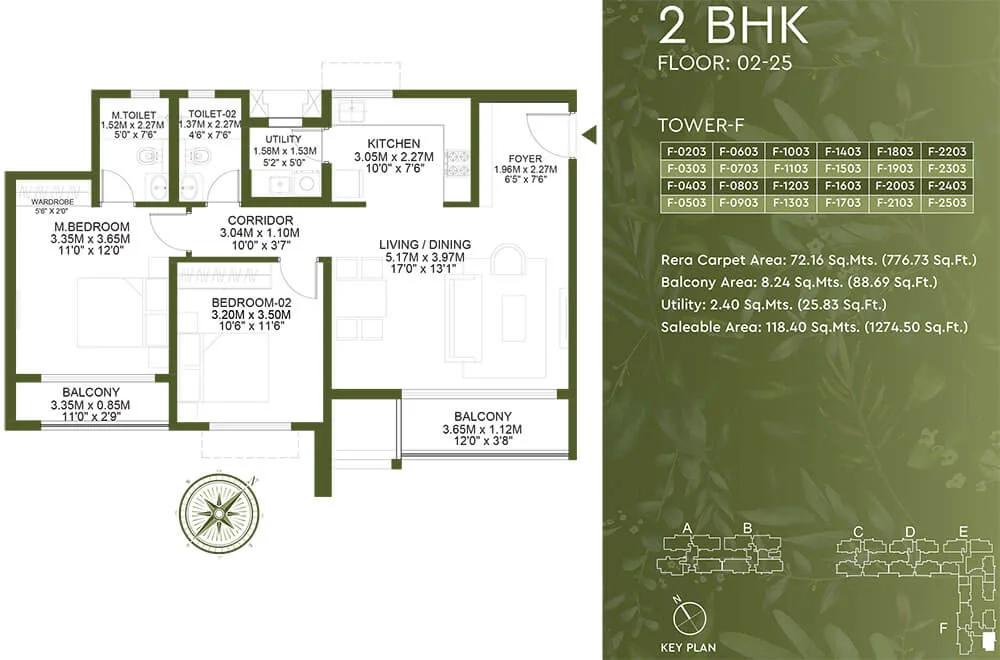 Godrej Lakeside Orchard 2 BHK floor plan, about 1,274 sq ft