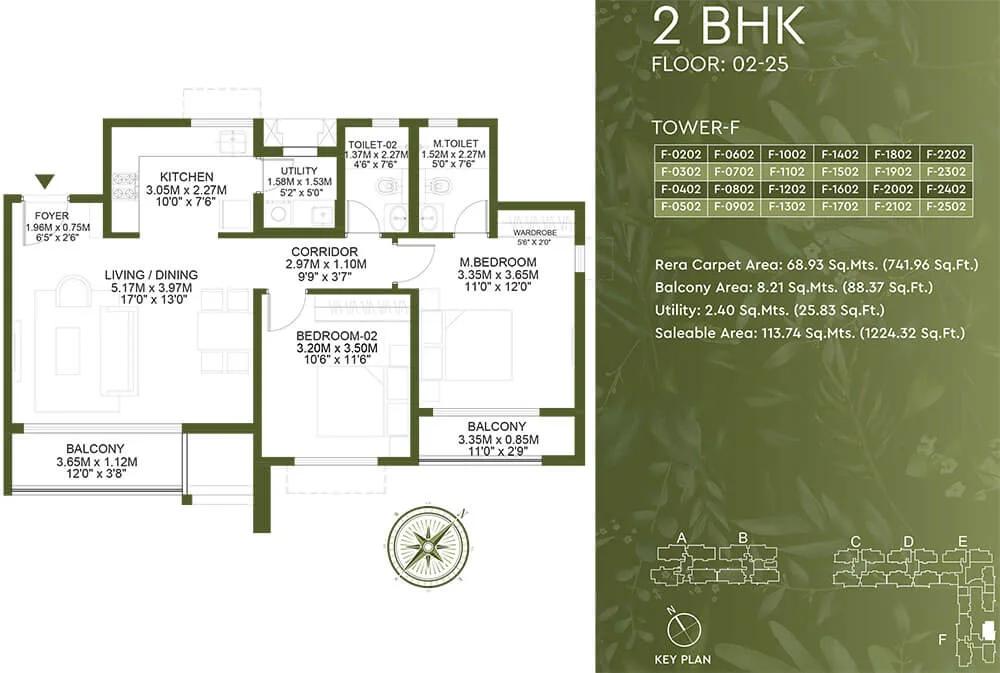 Godrej Lakeside Orchard 2 BHK floor plan, about 1,224 sq ft