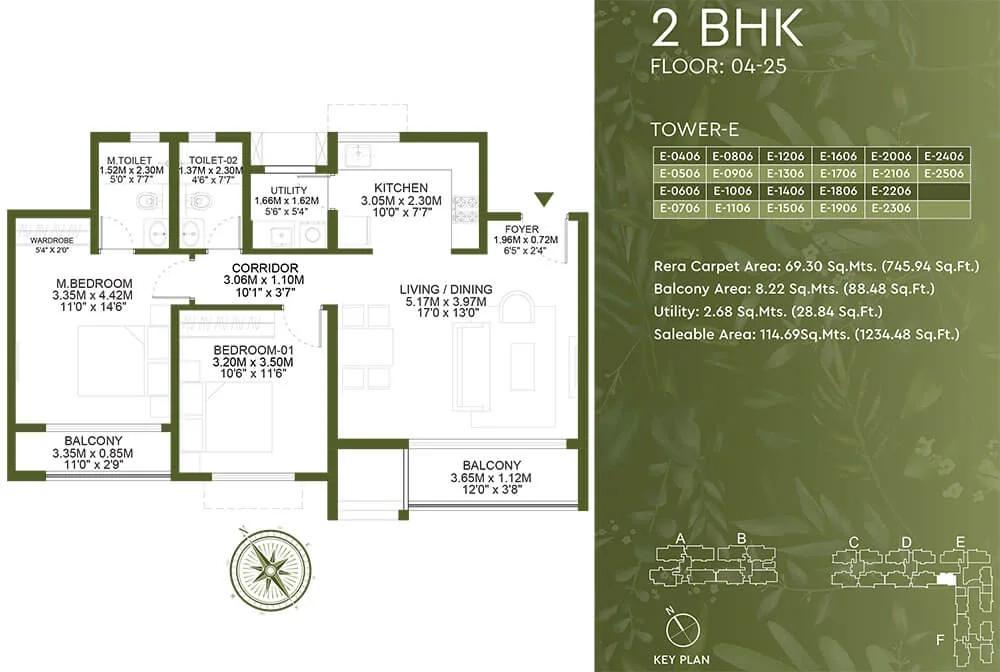 Godrej Lakeside Orchard 2 BHK floor plan, about 1,234 sq ft