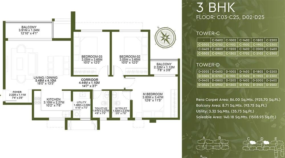 Godrej Lakeside Orchard 3 BHK floor plan, about 1,508 sq ft
