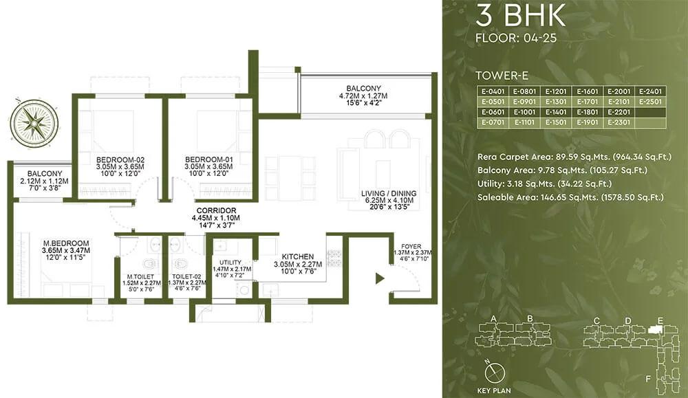 Godrej Lakeside Orchard 3 BHK floor plan, about 1,578 sq ft
