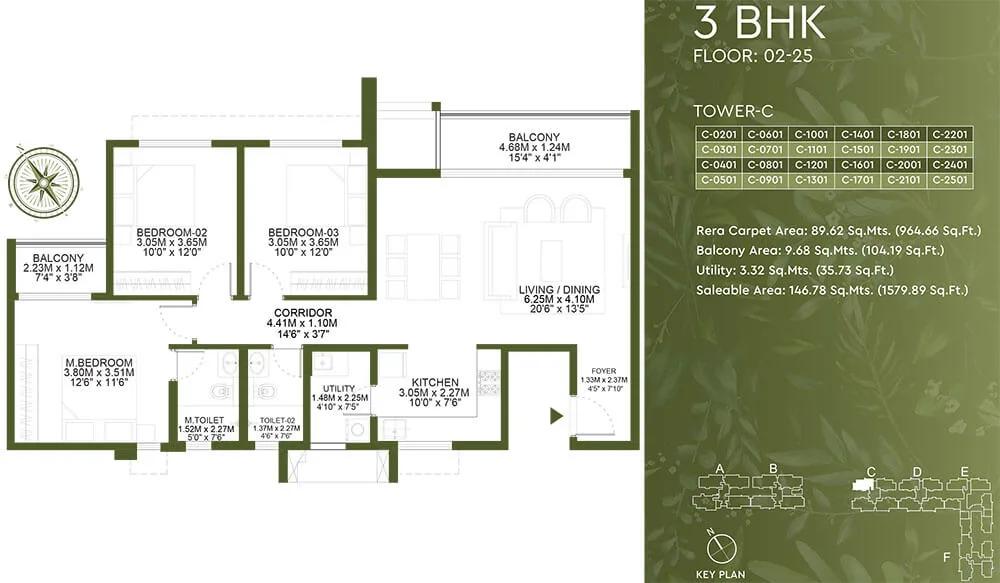Godrej Lakeside Orchard 3 BHK floor plan, about 1,579 sq ft