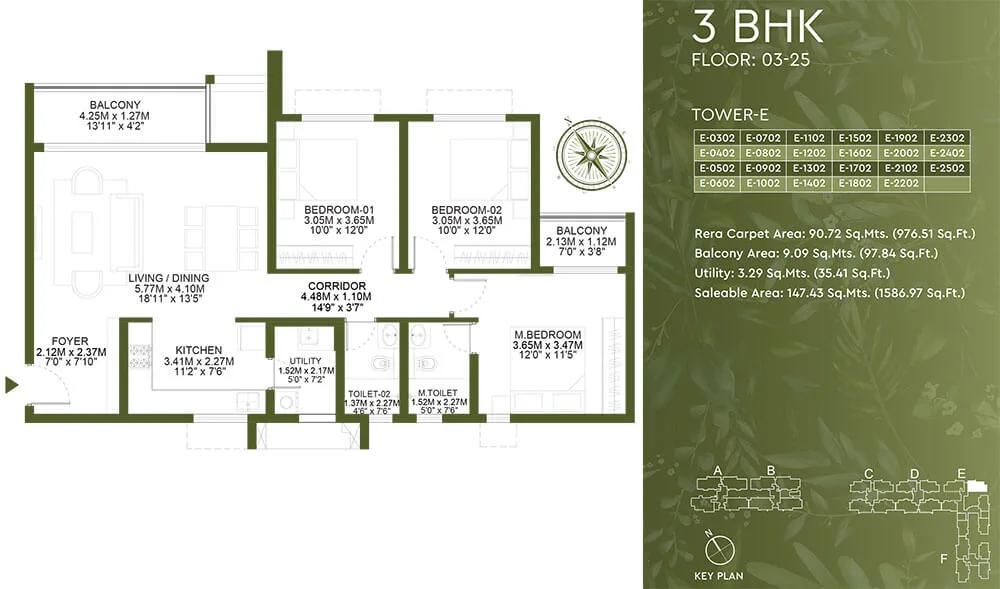 Godrej Lakeside Orchard 3 BHK floor plan, about 1,586 sq ft