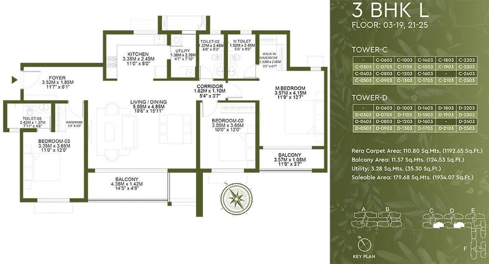 Godrej Lakeside Orchard 3 BHK floor plan, about 1,934 sq ft