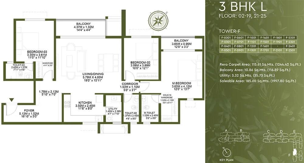 Godrej Lakeside Orchard 3 BHK floor plan, about 1,997 sq ft