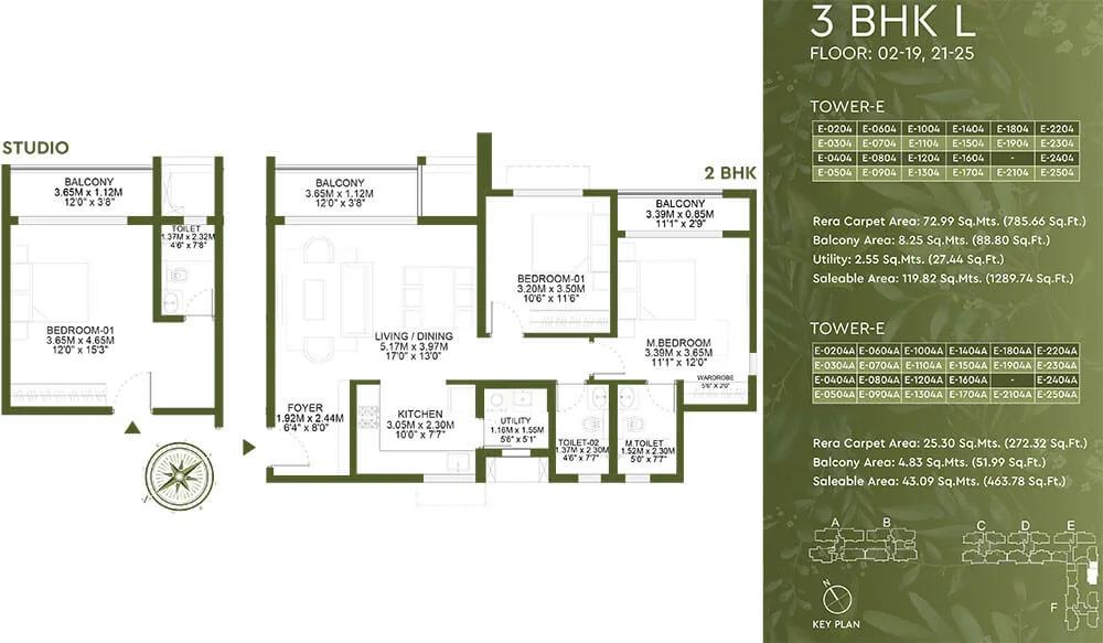 Godrej Lakeside Orchard 3 BHK floor plan, about 1,289 sq ft