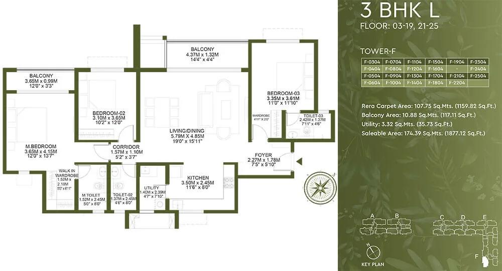 Godrej Lakeside Orchard 3 BHK floor plan, about 1,877 sq ft