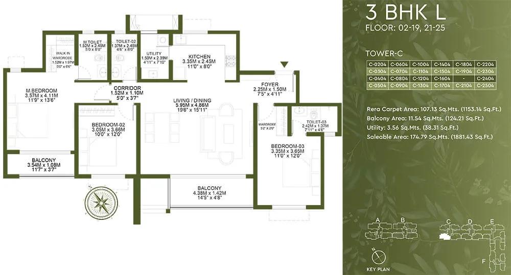 Godrej Lakeside Orchard 3 BHK floor plan, about 1,881 sq ft