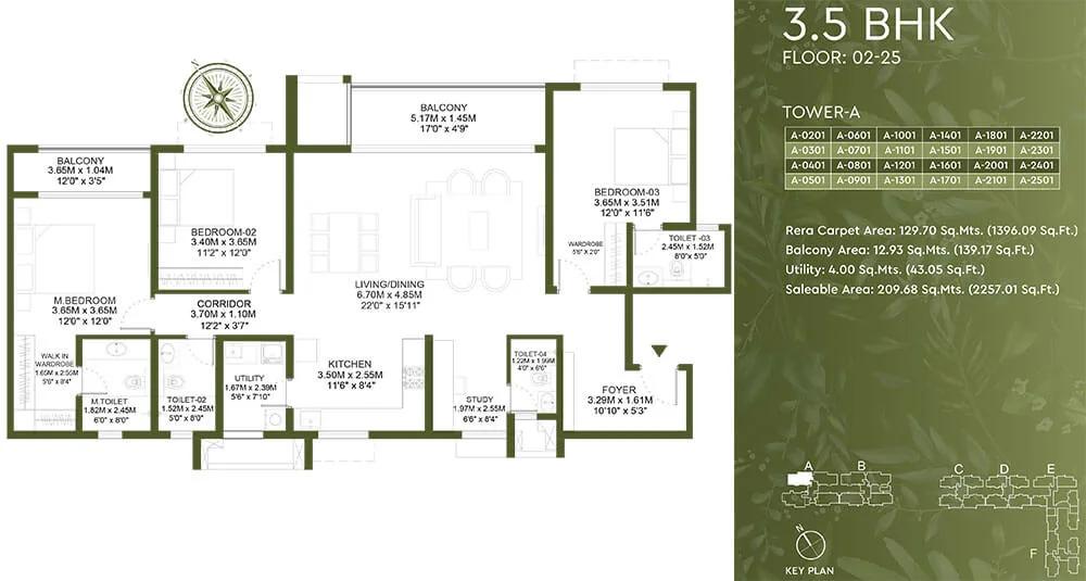 Godrej Lakeside Orchard 3.5 BHK floor plan, about 2,257 sq ft
