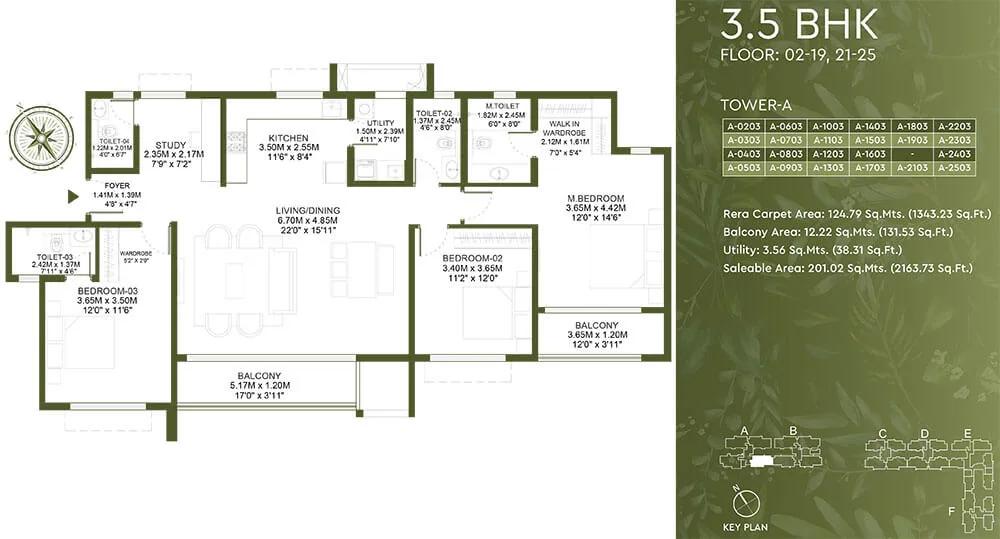 Godrej Lakeside Orchard 3.5 BHK floor plan, about 2,163 sq ft