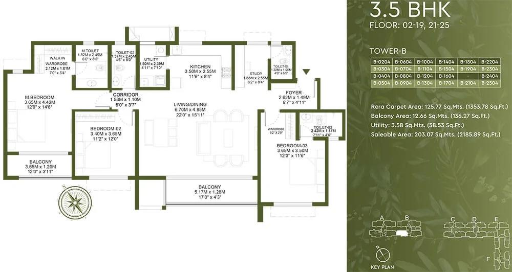 Godrej Lakeside Orchard 3.5 BHK floor plan, about 2,185 sq ft