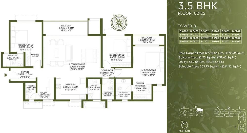 Godrej Lakeside Orchard 3.5 BHK floor plan, about 2,214 sq ft