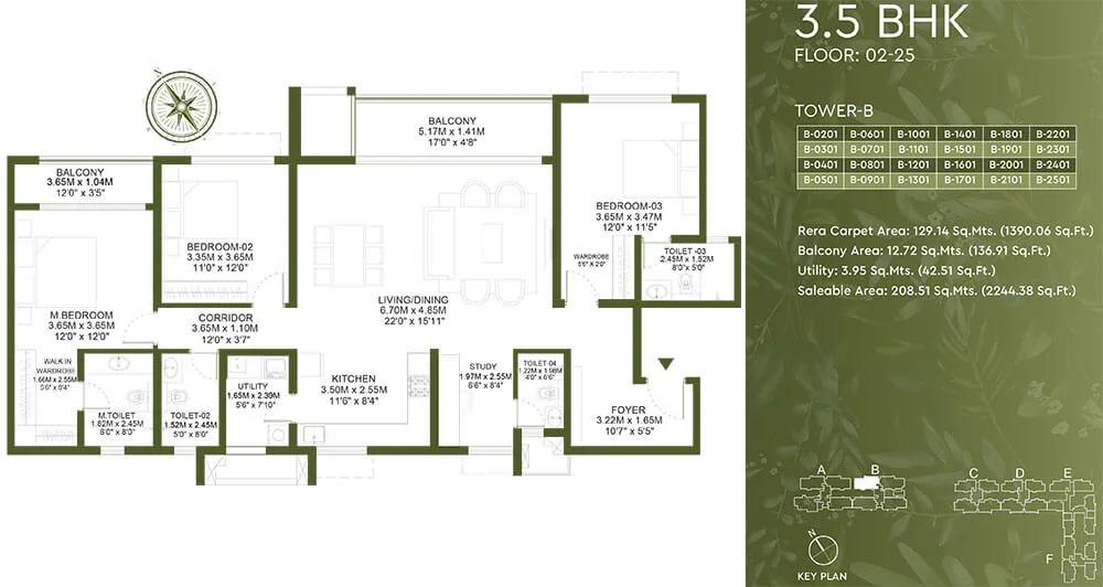 Godrej Lakeside Orchard 3.5 BHK floor plan, about 2,244 sq ft
