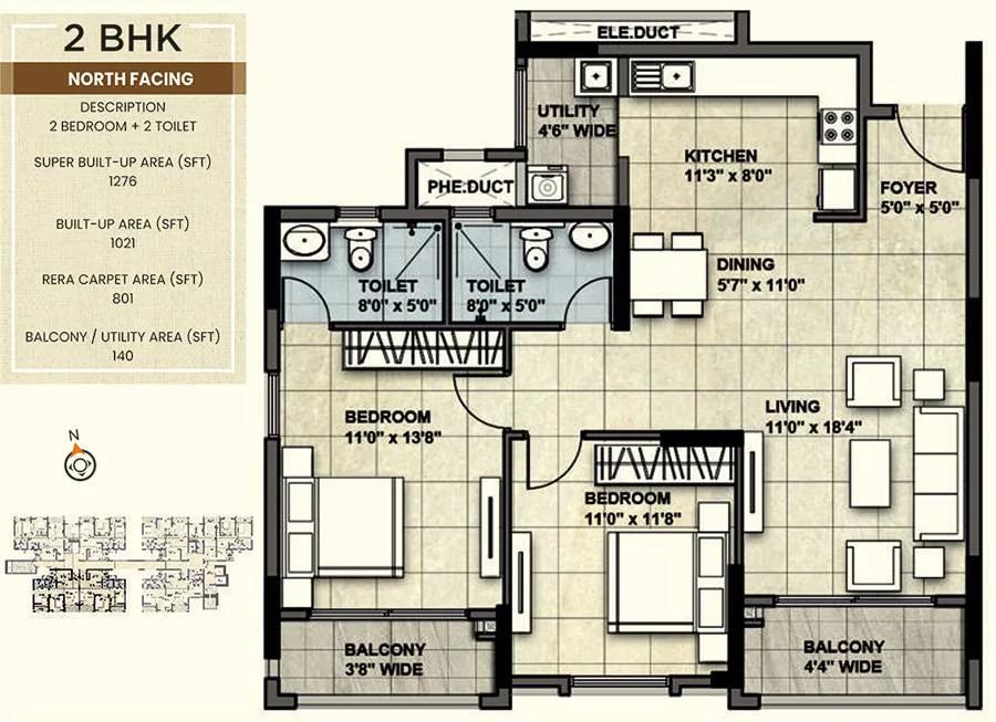 NCC Urban Park View 2 BHK floor plan, about 1,276 sq ft