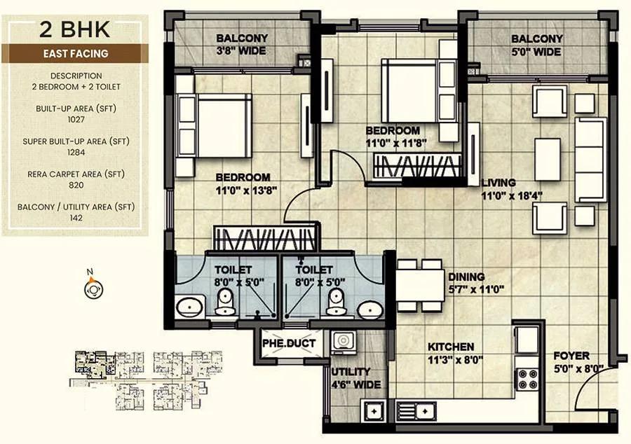 NCC Urban Park View 2 BHK floor plan, about 1,284 sq ft