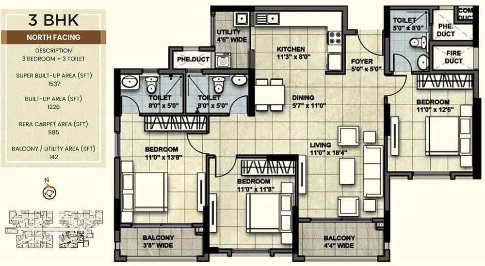 NCC Urban Park View 3 BHK floor plan, about 1,537 sq ft