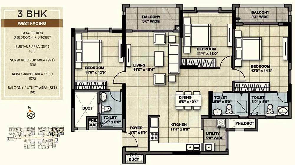 NCC Urban Park View 3 BHK floor plan, about 1,638 sq ft