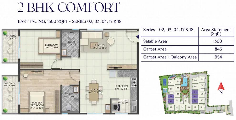 Abhee Riviera Royale 2 BHK floor plan, about 1,300 sq ft
