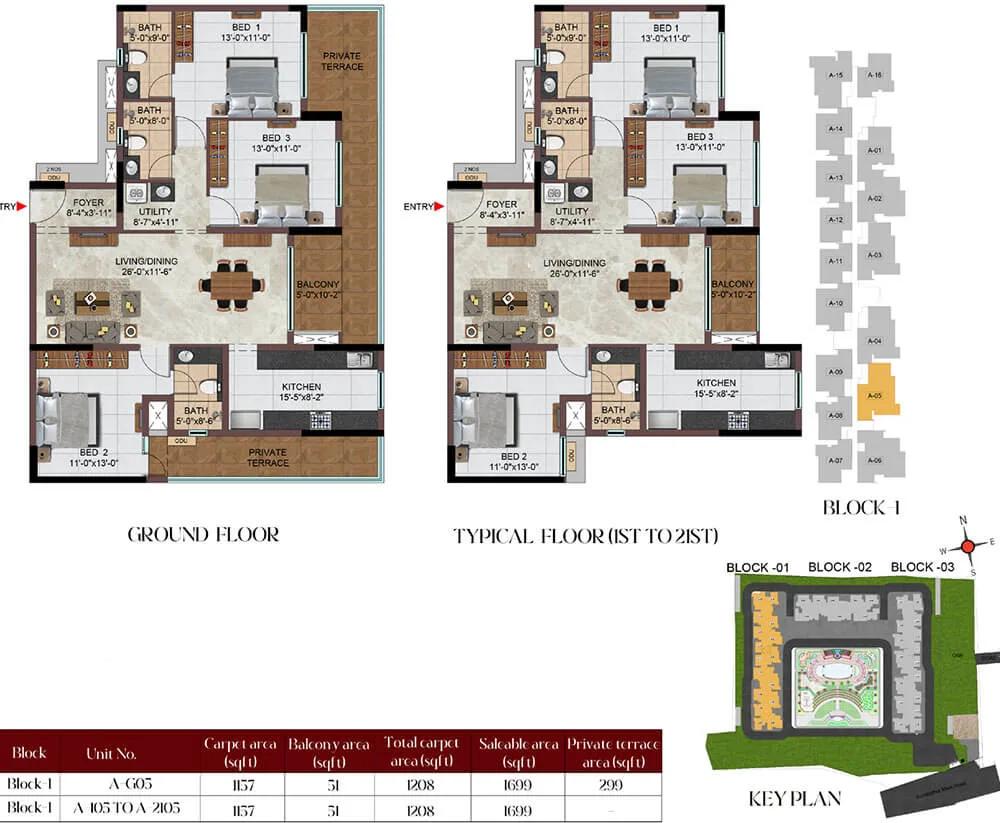 Casagrand Massimo 3 BHK floor plan, about 1,699 sq ft