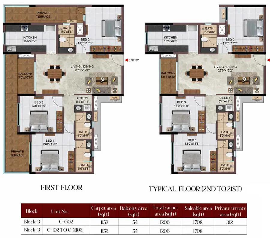 Casagrand Massimo 3 BHK floor plan, about 1,708 sq ft