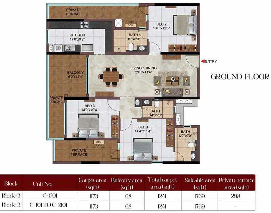Casagrand Massimo 3 BHK floor plan, about 1,769 sq ft