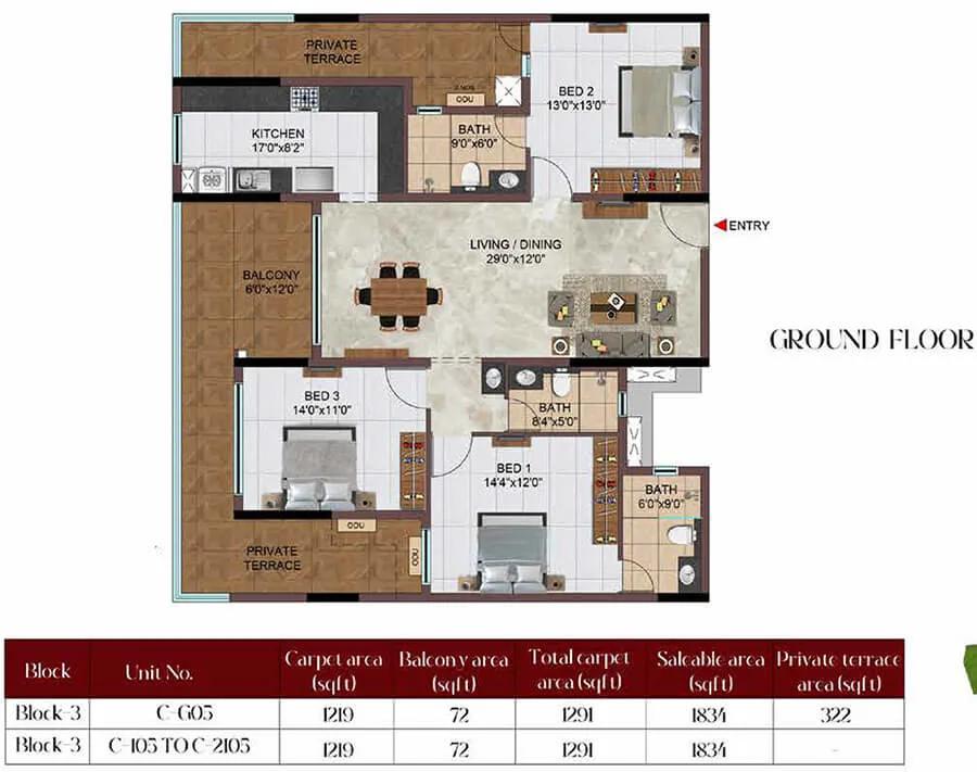 Casagrand Massimo 3 BHK floor plan, about 1,834 sq ft