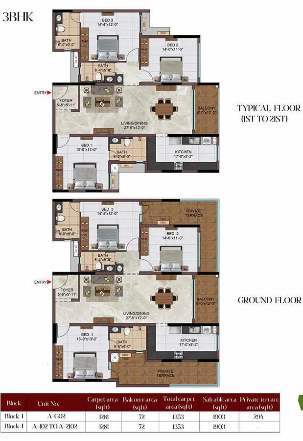 Casagrand Massimo 3 BHK floor plan, about 1,903 sq ft