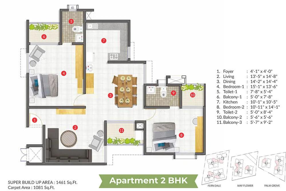 ARATT Cityscapes 2 BHK floor plan, about 1,461 sq ft