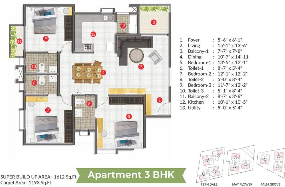 ARATT Cityscapes 3 BHK floor plan, about 1,612 sq ft